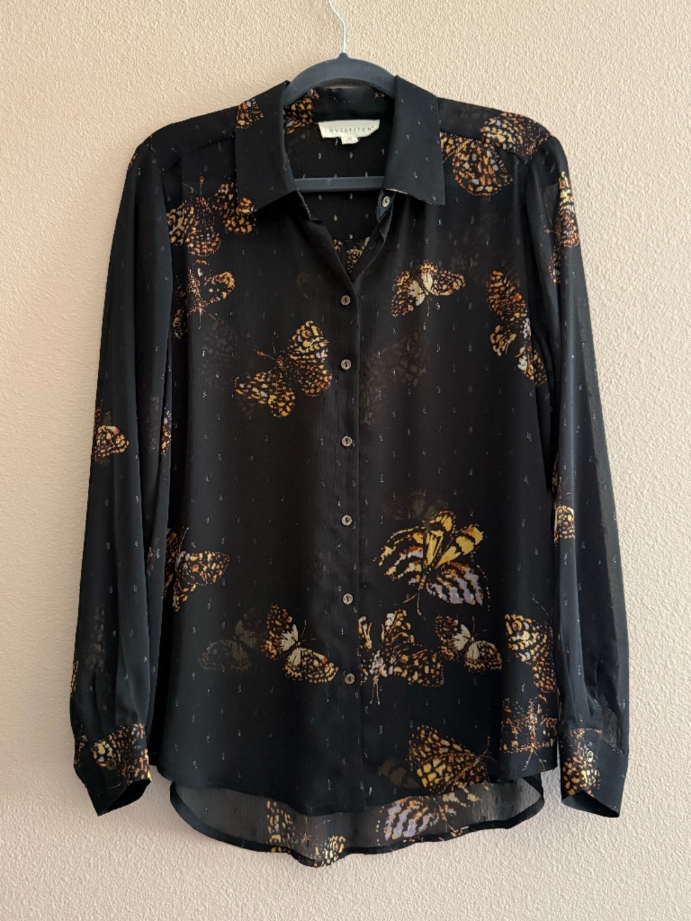 LoveStitch Butterfly Blouse Women’s M Black Sheer Sparkle Button Down Shirt Boho